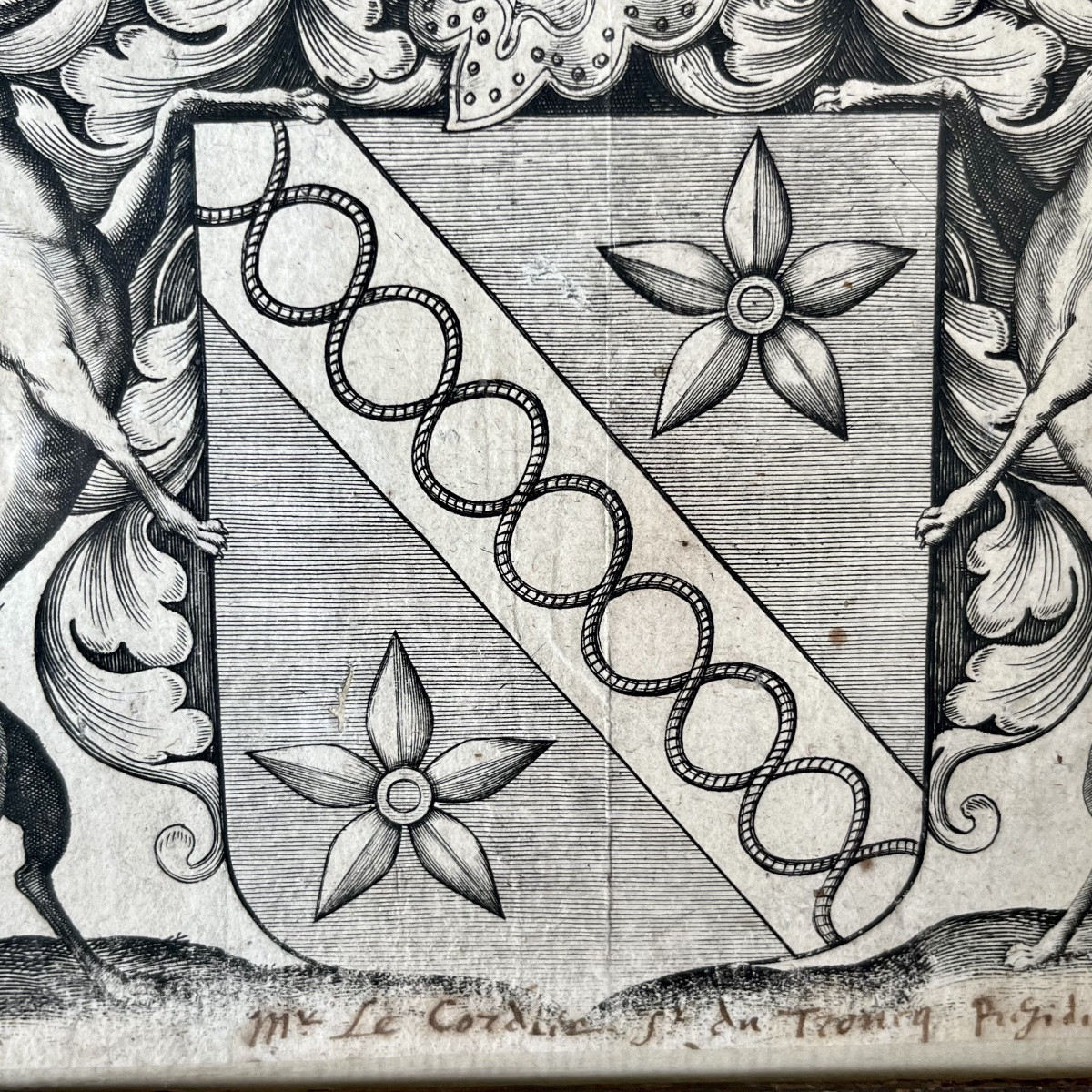 Ex-libris de Nicolas VI Le Cordier seigneur du Tronc cadre en bois sculpté du XVIIe siècle 17e-photo-3
