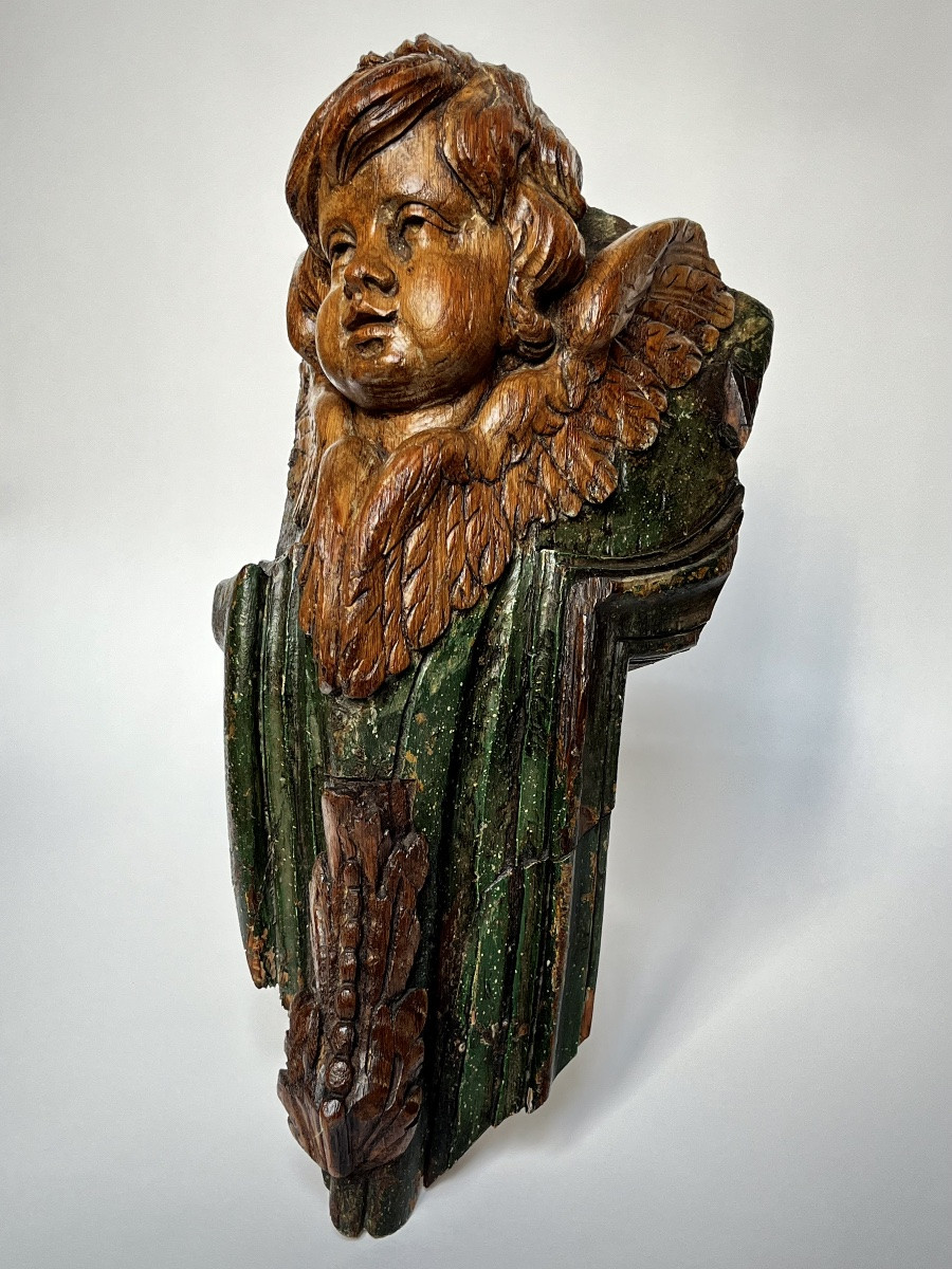 Cherub Angel In Polychrome Carved Wood 18th Century Putto 18th Century Woodwork Folk Art -photo-4