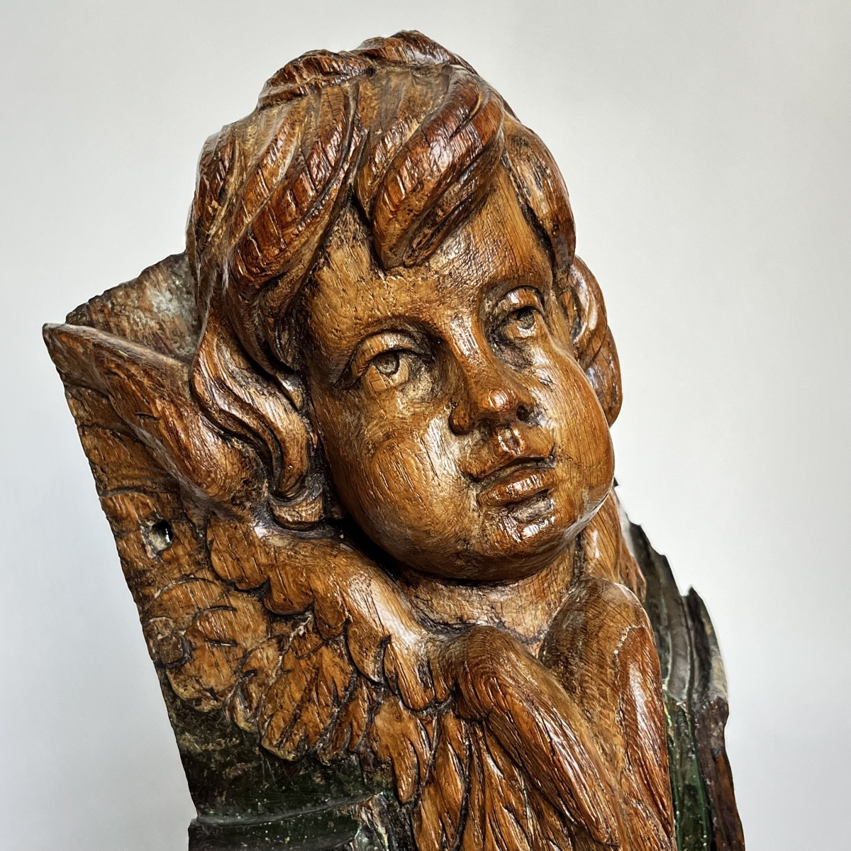 Cherub Angel In Polychrome Carved Wood 18th Century Putto 18th Century Woodwork Folk Art -photo-2