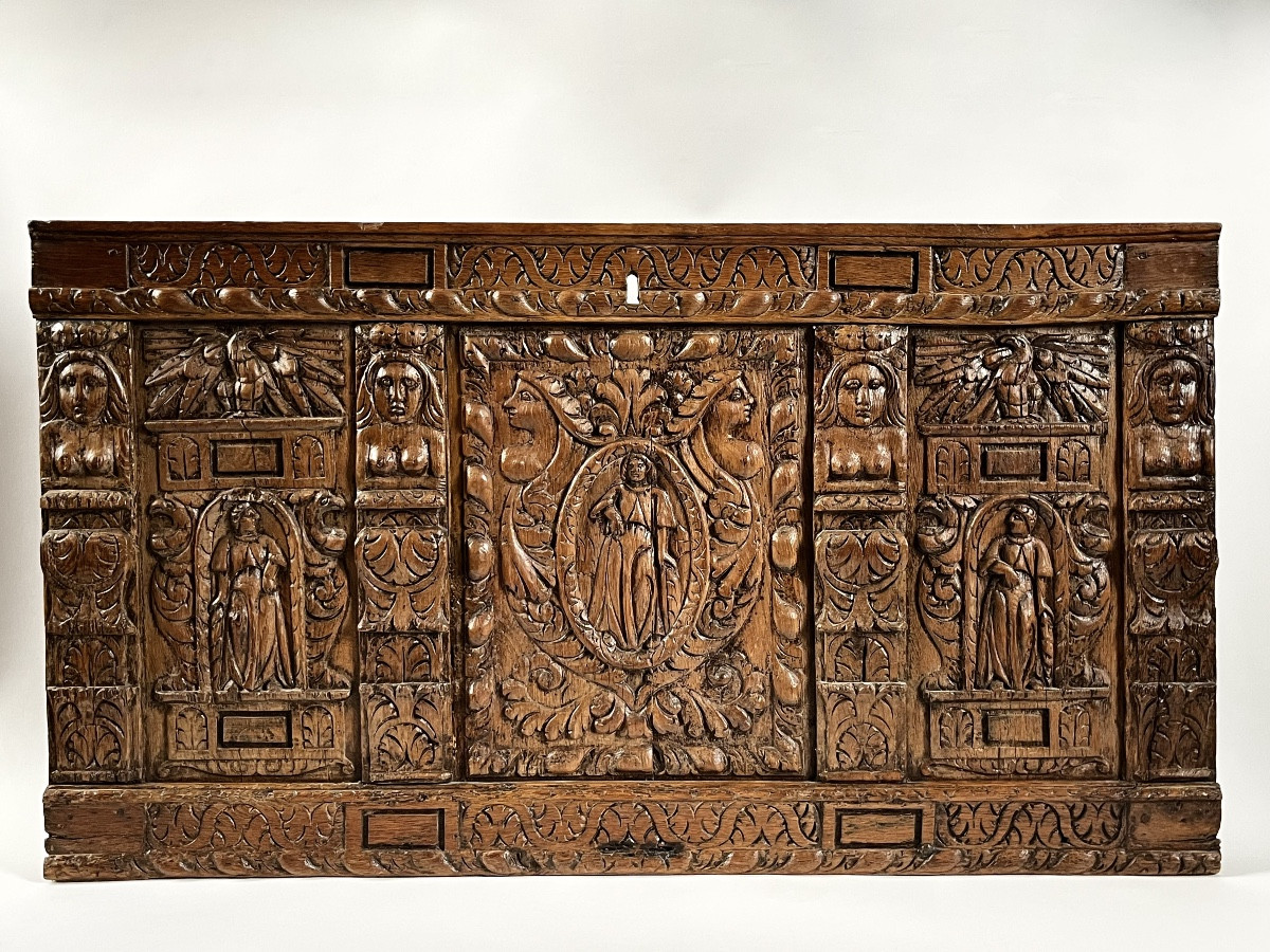 Façade de coffre en bois sculpté - Flandres, début du XVIIe siècle Haute Époque boiserie 17e-photo-1