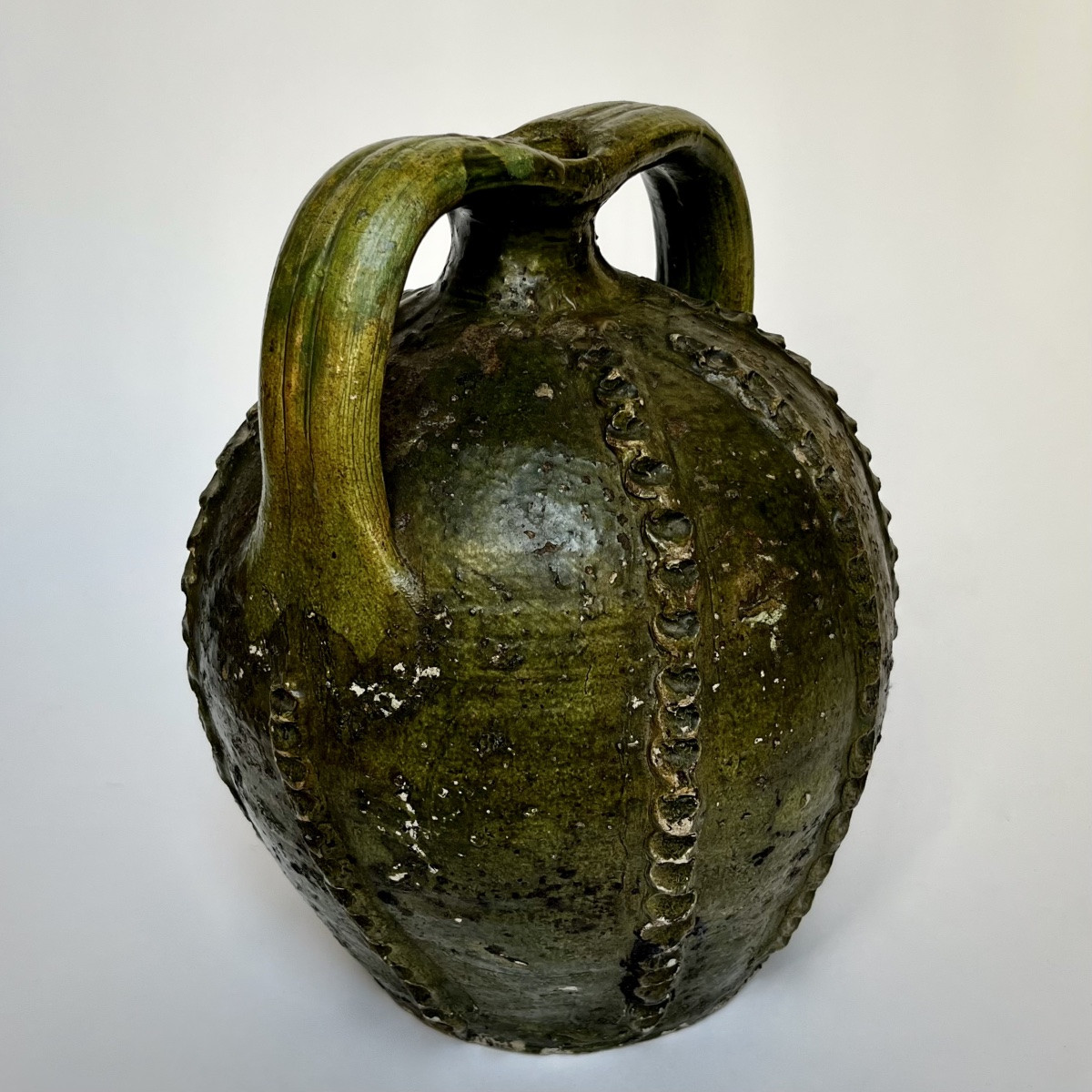 Jarre à double anse en terre vernissée verte XVIIIe XIXe Dordogne ou Saintonge Art populaire-photo-7