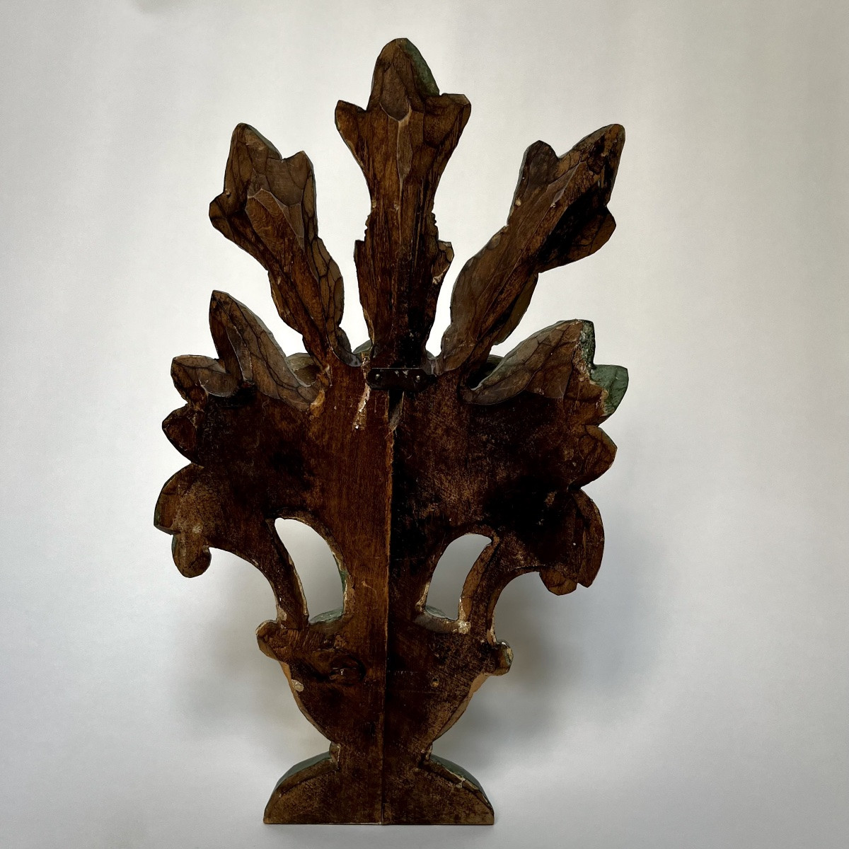 Bouquets en bois peint sculpt&eacute;, paire d'&eacute;l&eacute;ments d&eacute;coratifs d'applique XIXe art populaire 19e-photo-4