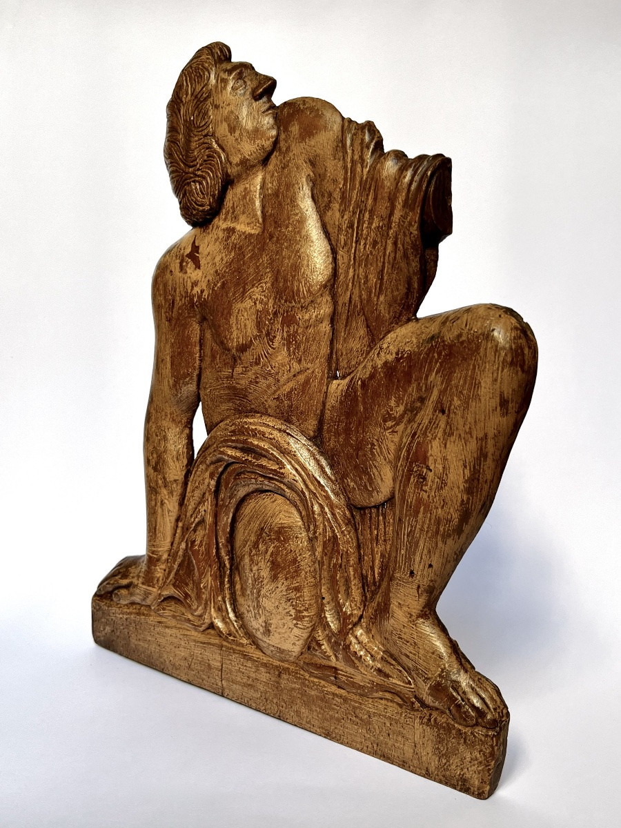 Male Figure, Carved Wooden Bas-relief From The 1920s - 1930s In The Neoclassical Style-photo-3
