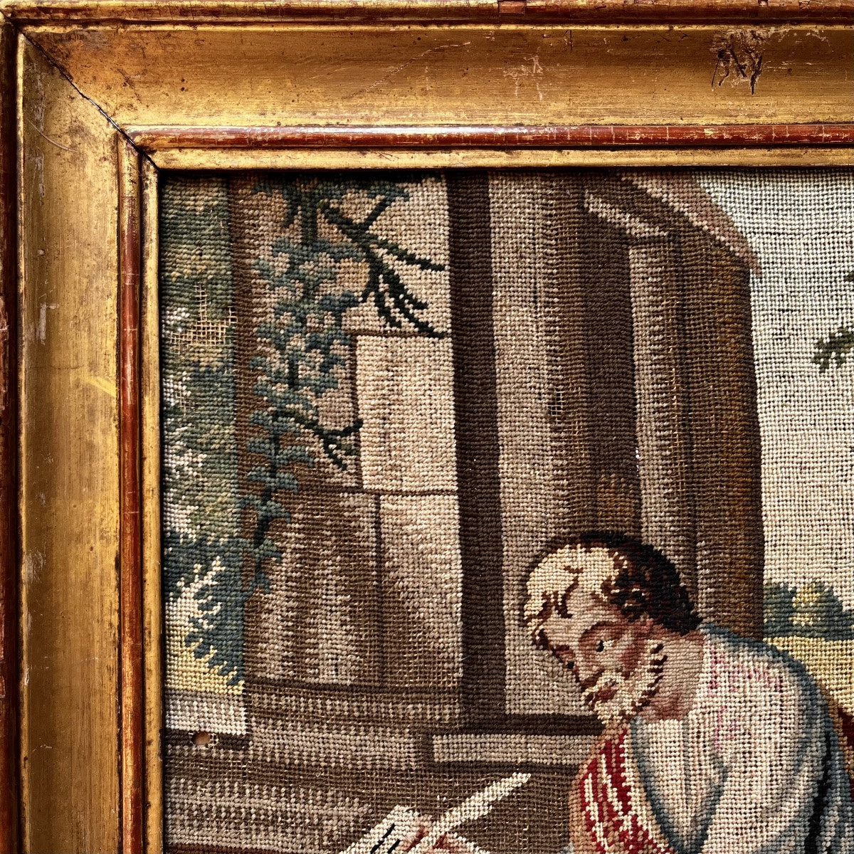 Saint Mark Writing The Gospel And His Lion, Fragment Of A Petit Point Tapestry, 18th-19th Century-photo-3