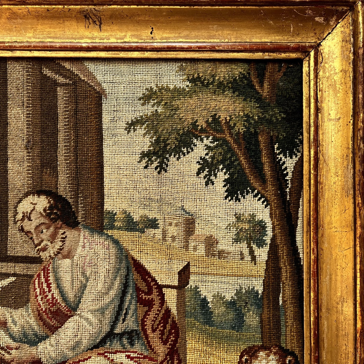 Saint Mark Writing The Gospel And His Lion, Fragment Of A Petit Point Tapestry, 18th-19th Century-photo-4