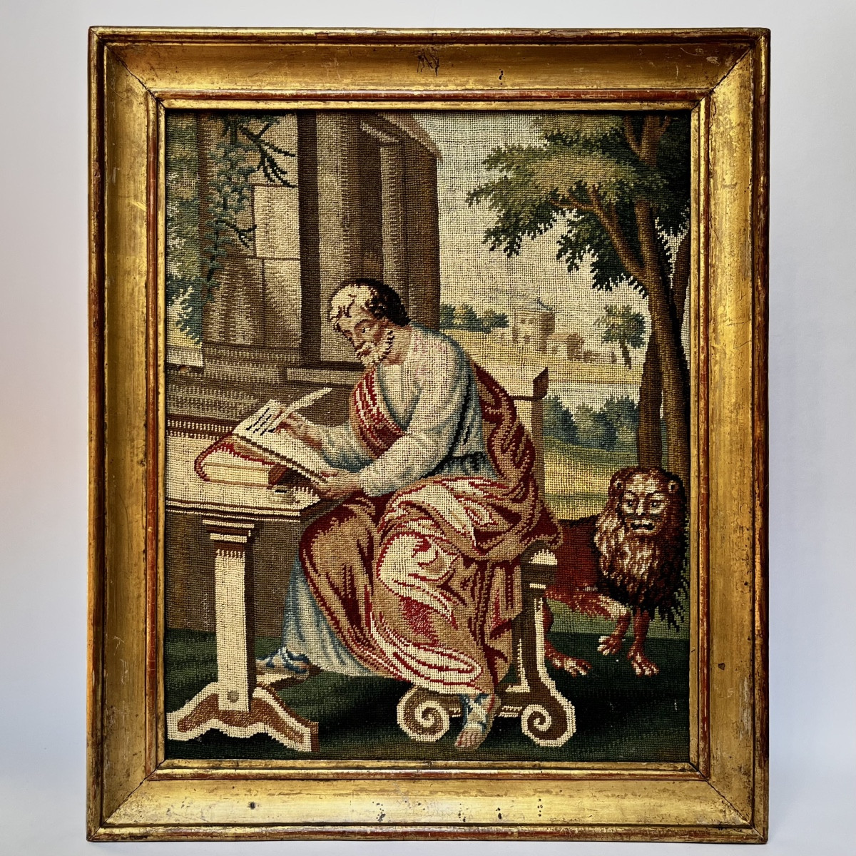 Saint Mark Writing The Gospel And His Lion, Fragment Of A Petit Point Tapestry, 18th-19th Century-photo-2