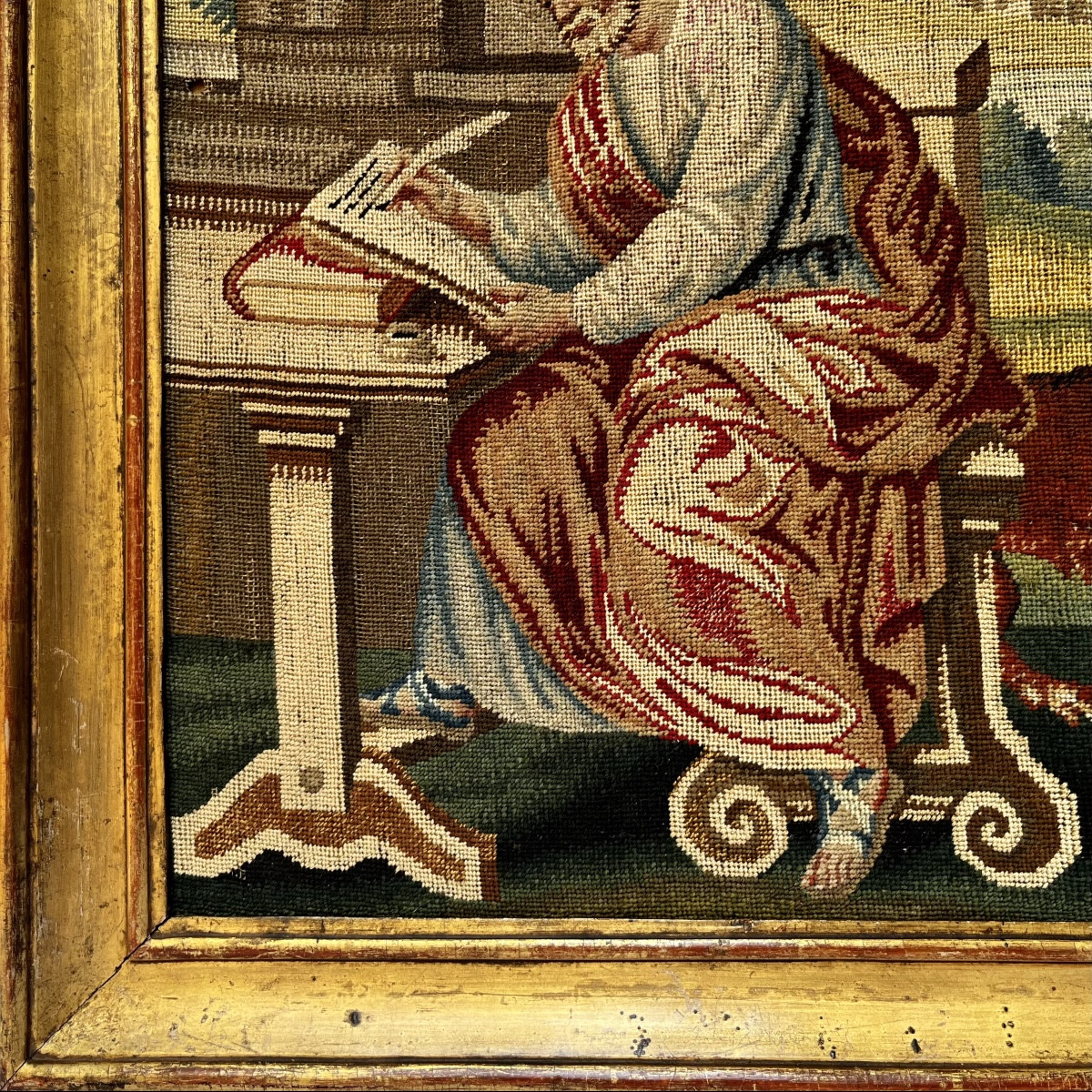 Saint Mark Writing The Gospel And His Lion, Fragment Of A Petit Point Tapestry, 18th-19th Century-photo-2