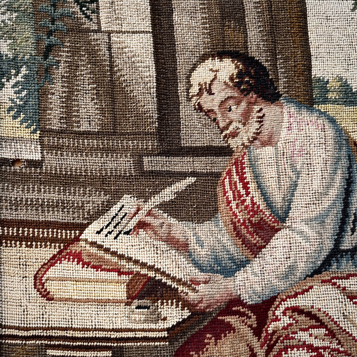 Saint Mark Writing The Gospel And His Lion, Fragment Of A Petit Point Tapestry, 18th-19th Century-photo-3