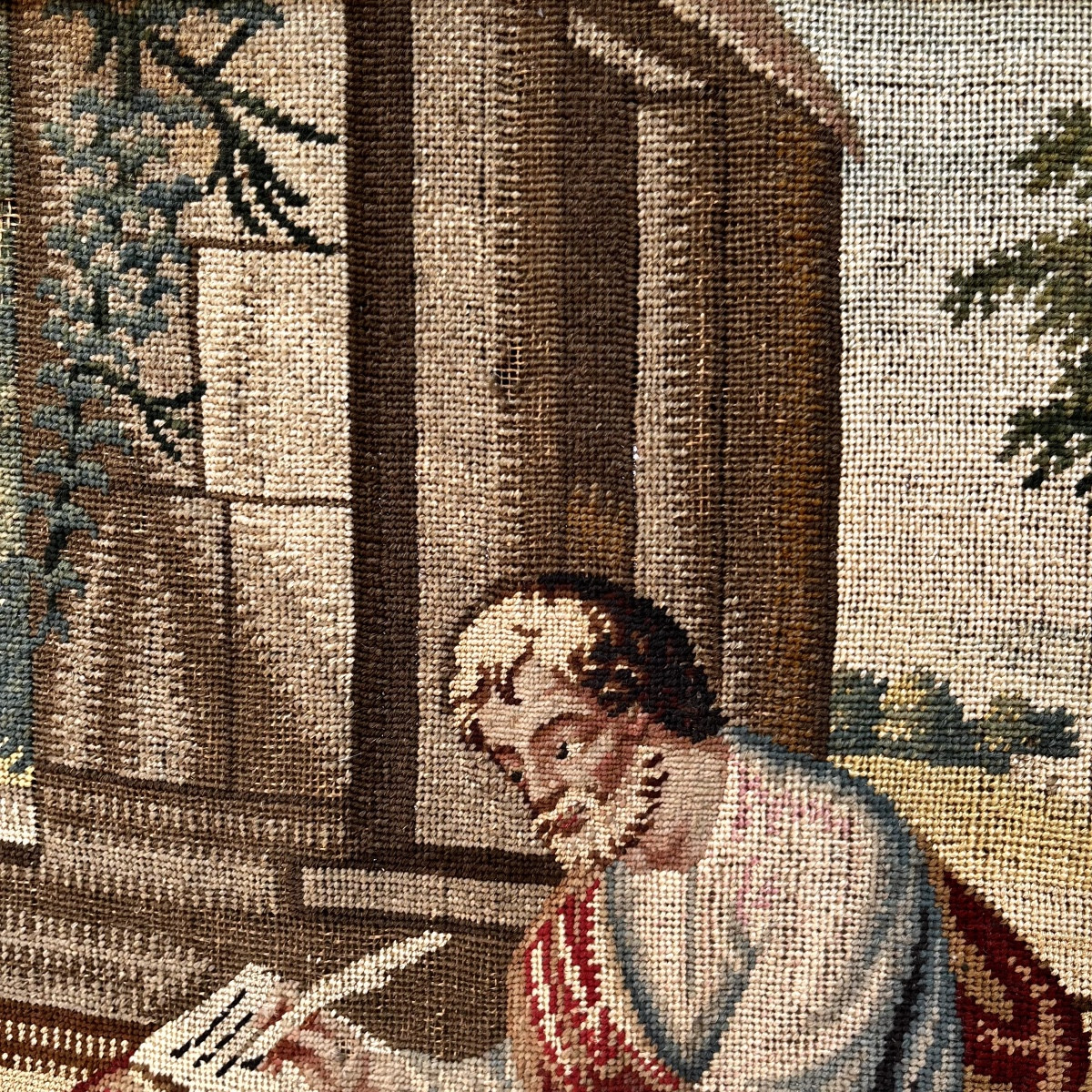 Saint Mark Writing The Gospel And His Lion, Fragment Of A Petit Point Tapestry, 18th-19th Century-photo-4