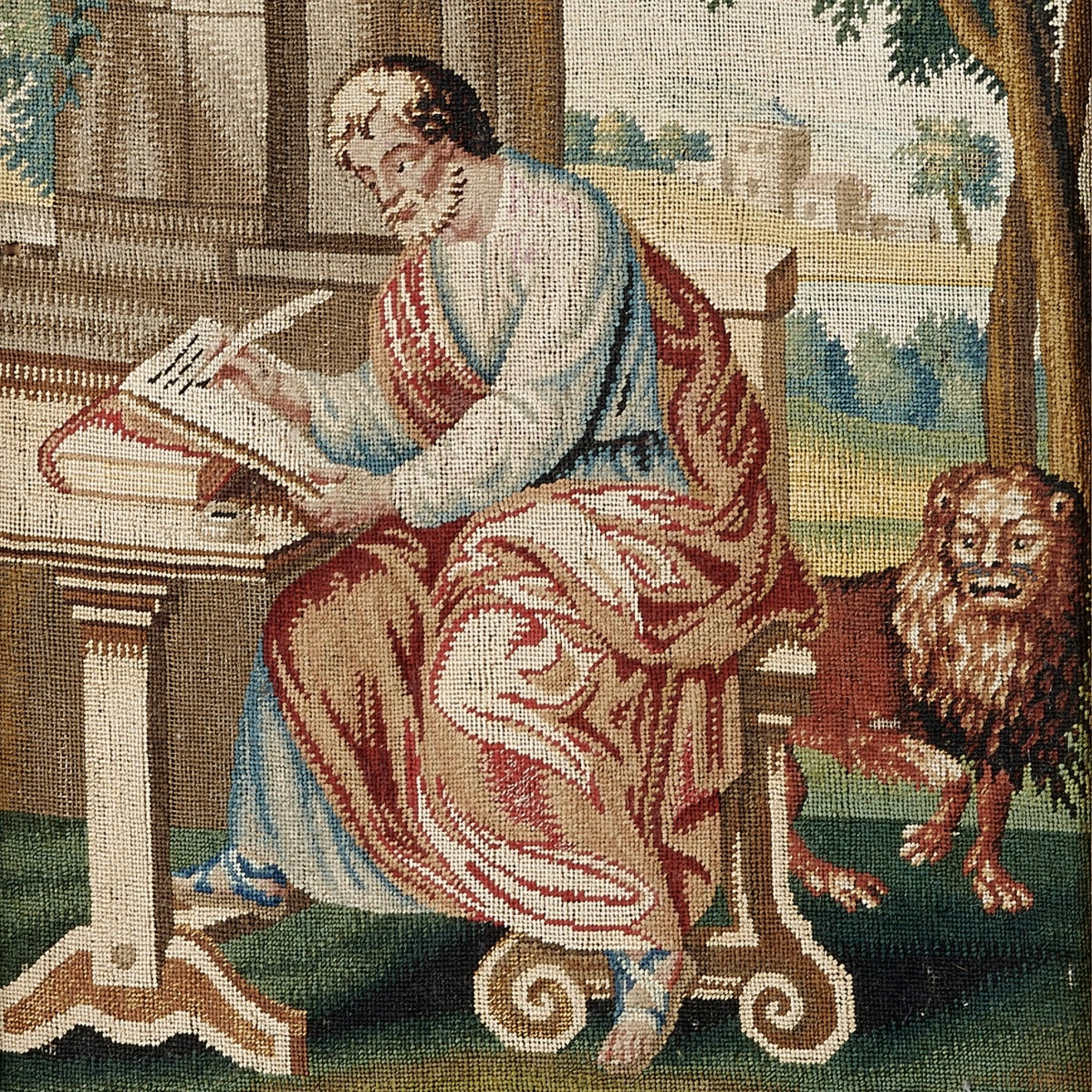 Saint Mark Writing The Gospel And His Lion, Fragment Of A Petit Point Tapestry, 18th-19th Century