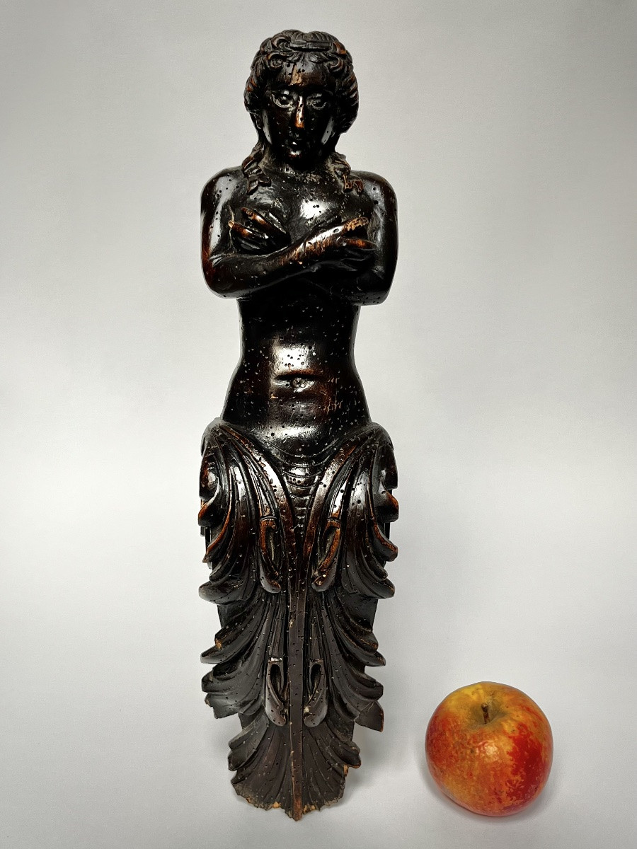 Female Figure In Patinated Carved Wood, 17th Century, Haute époque 17th-photo-2