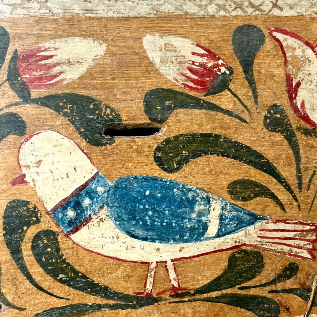 Tirelire en bois peint, art populaire normand du XIXe siècle coffre coffret Normandie 19e-photo-1