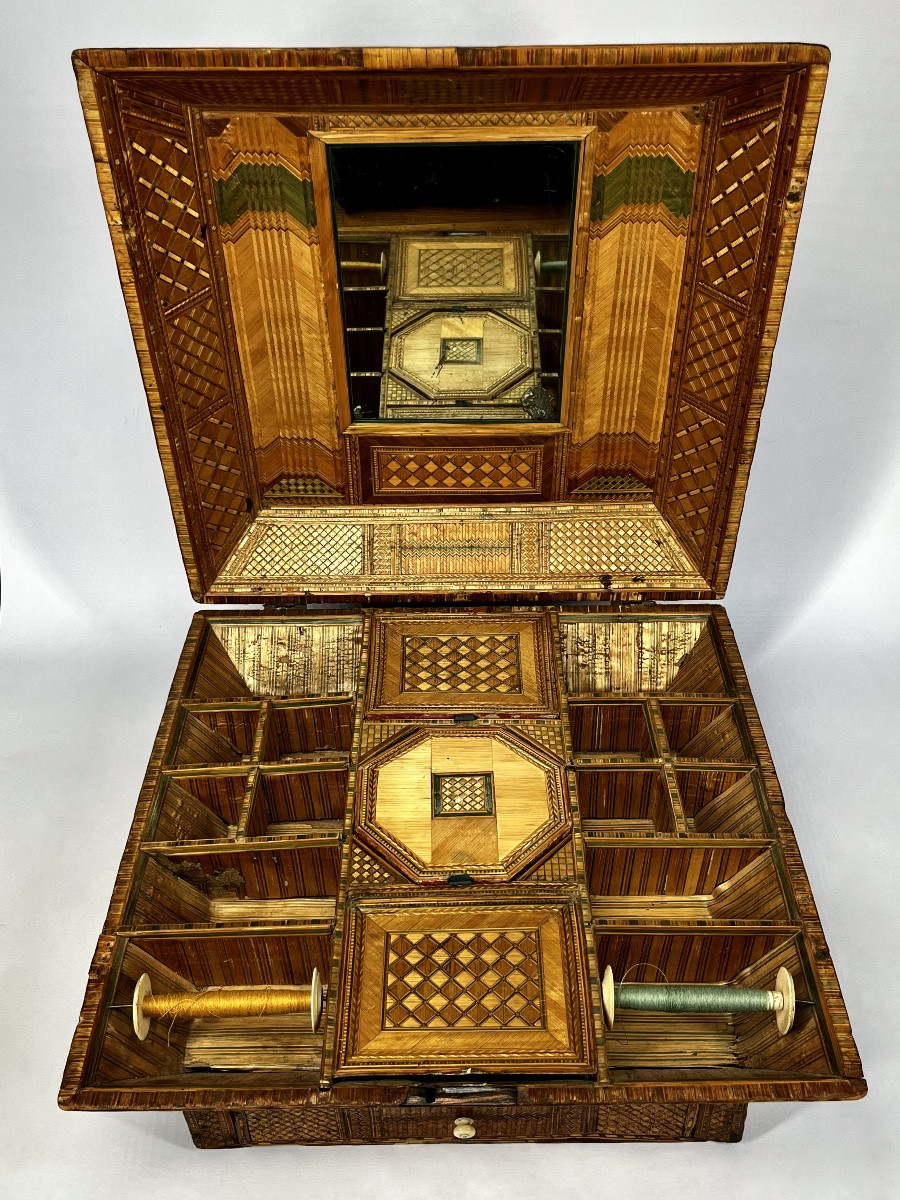 Important Straw Marquetry Sewing Box - 19th Century Folk Art Box-photo-4