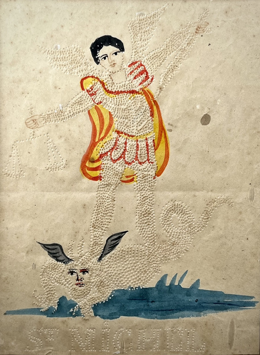 Saint Michel - papier piqu&eacute; du XIXe si&egrave;cle - travail de couvent 19e art populaire-photo-1