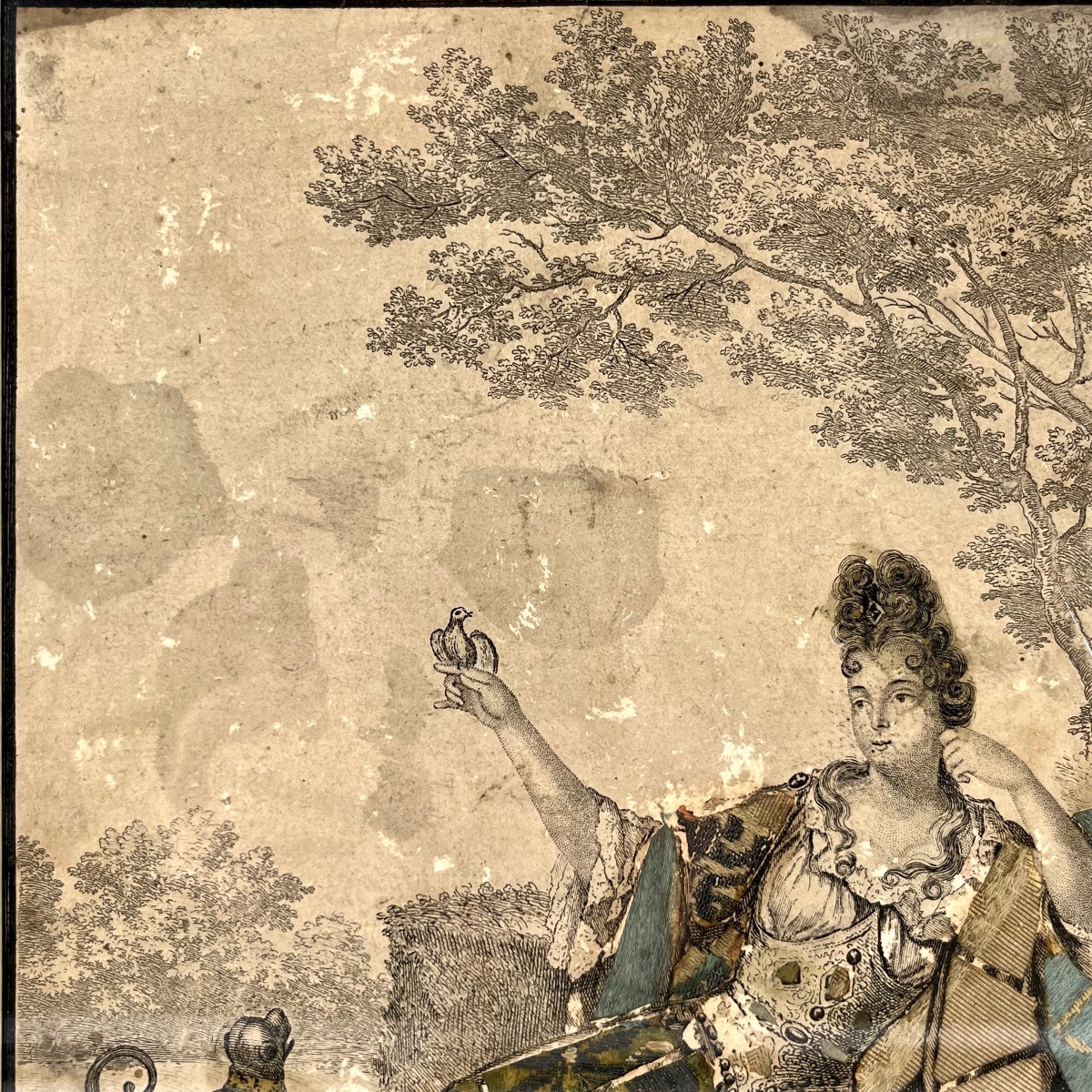 Gravure habillée XVIIIe - Dame de qualité prenant le frais sur le gazon, tissu ancien 18e -photo-4