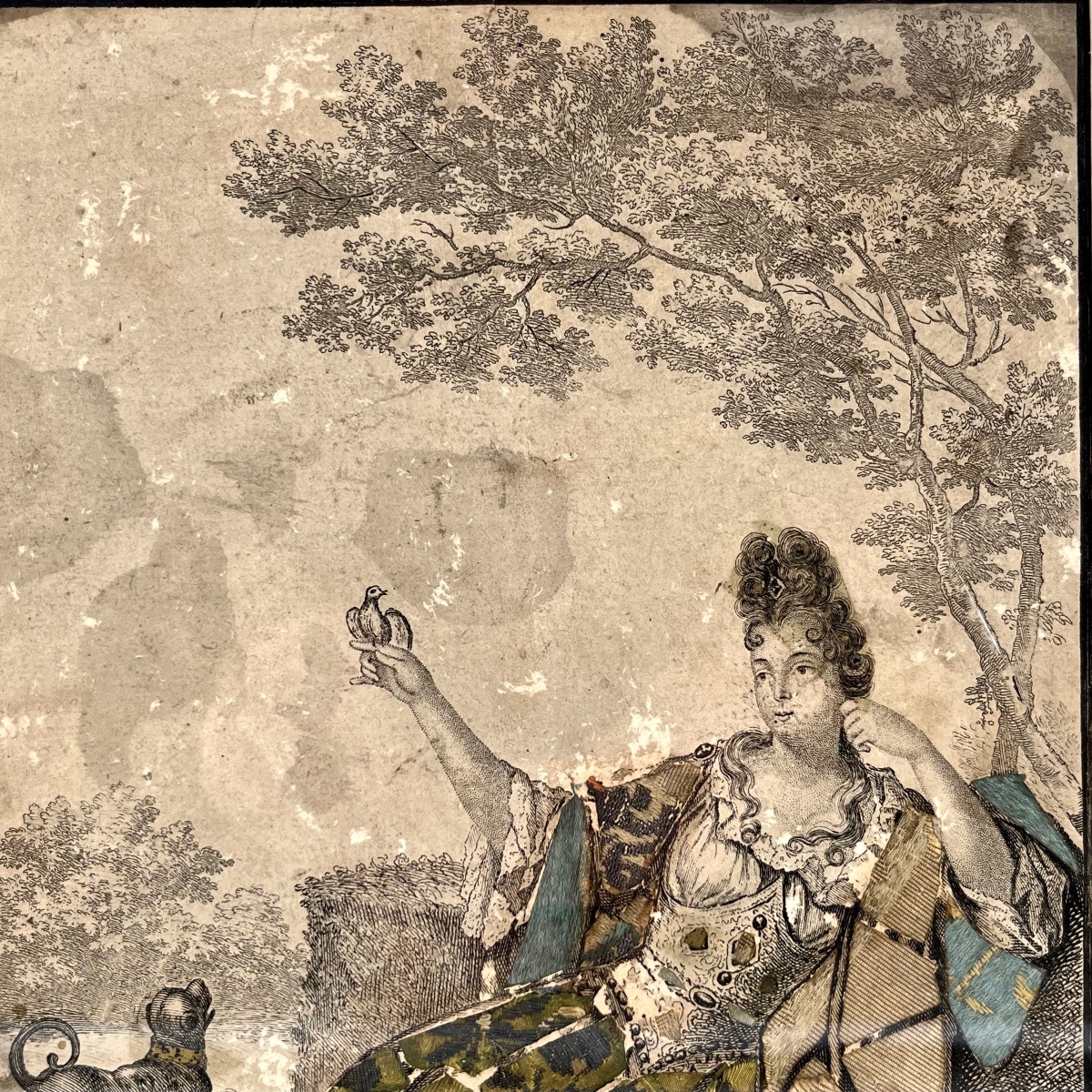 Gravure habillée XVIIIe - Dame de qualité prenant le frais sur le gazon, tissu ancien 18e -photo-1