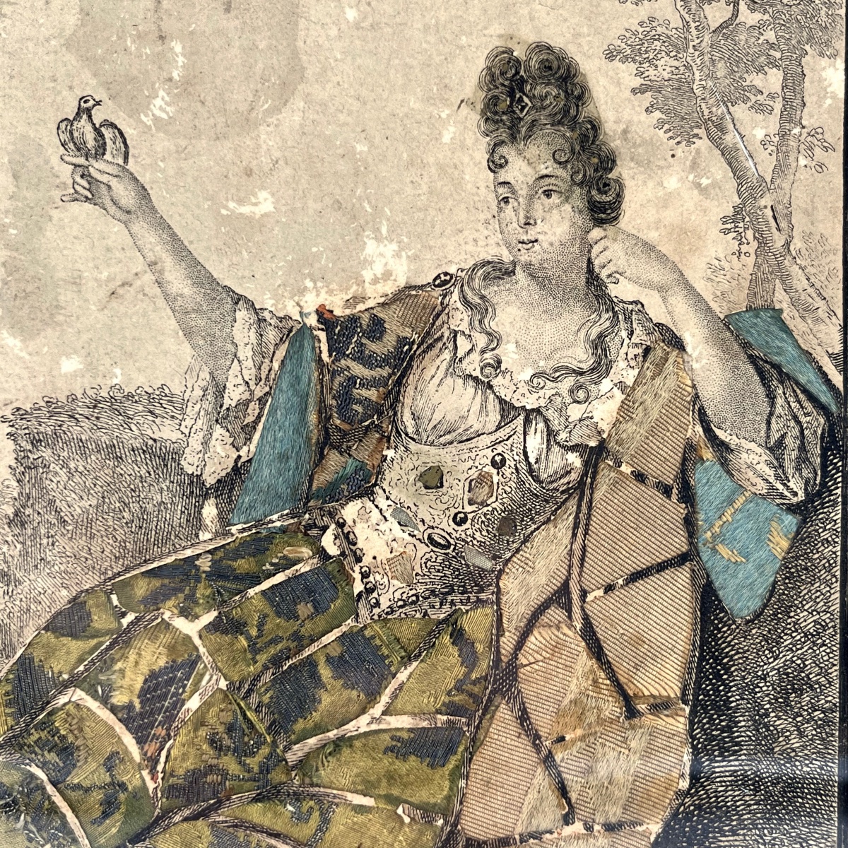 Gravure habillée XVIIIe - Dame de qualité prenant le frais sur le gazon, tissu ancien 18e -photo-2