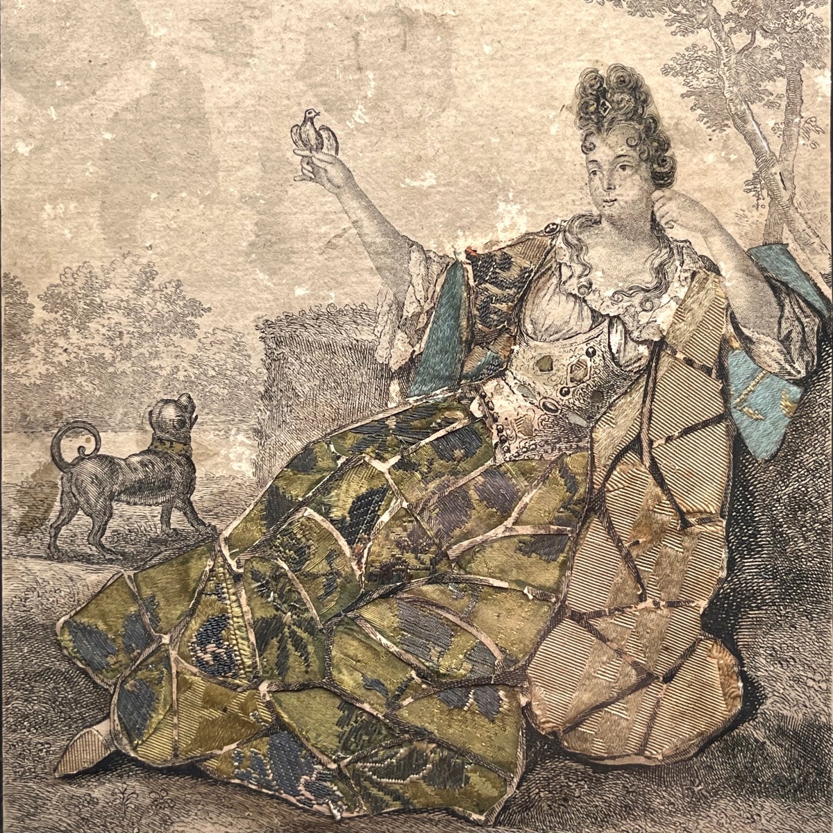 Gravure habillée XVIIIe - Dame de qualité prenant le frais sur le gazon, tissu ancien 18e -photo-3