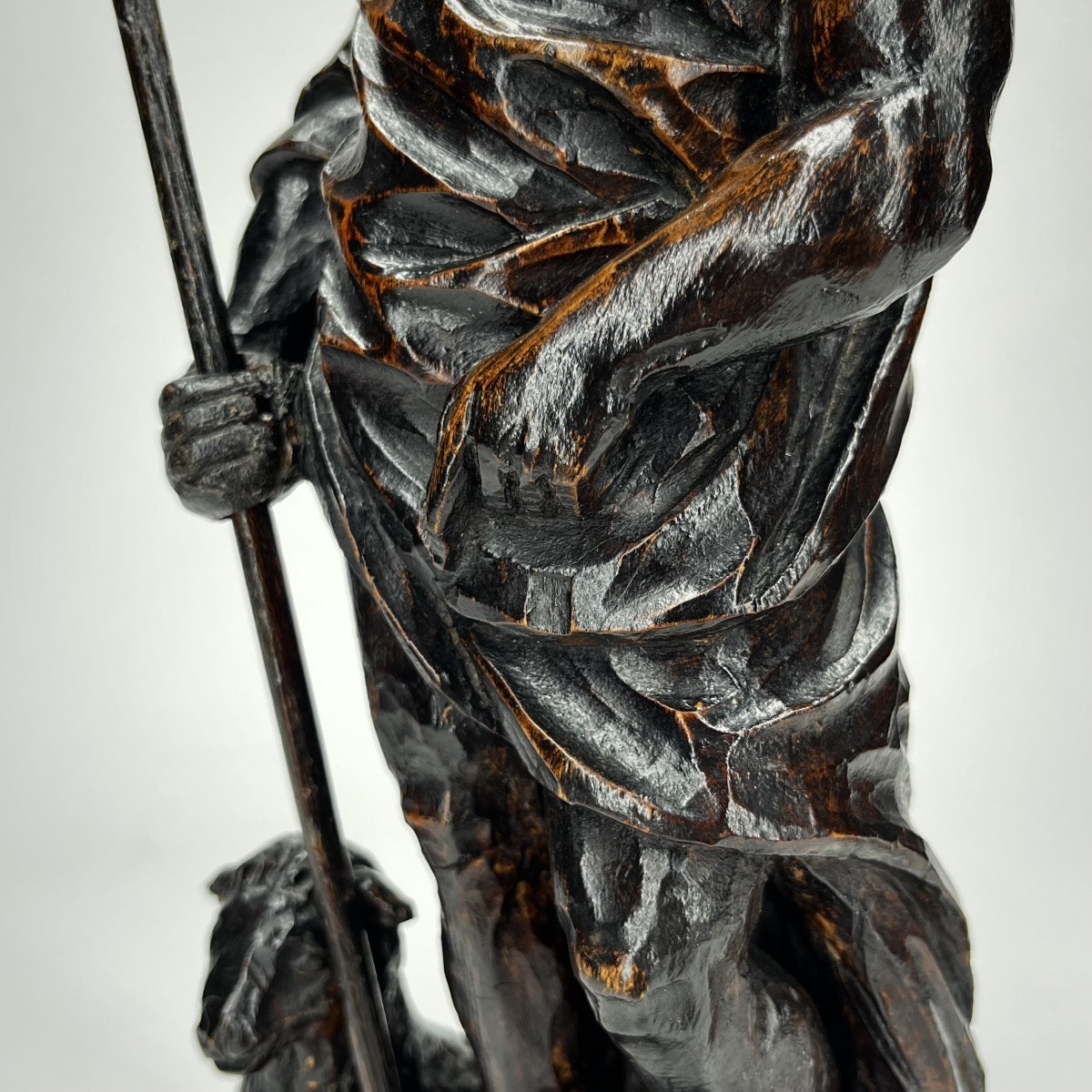 Saint John The Baptist And His Lamb – Blackened Wood Sculpture, 17th-18th Century-photo-1