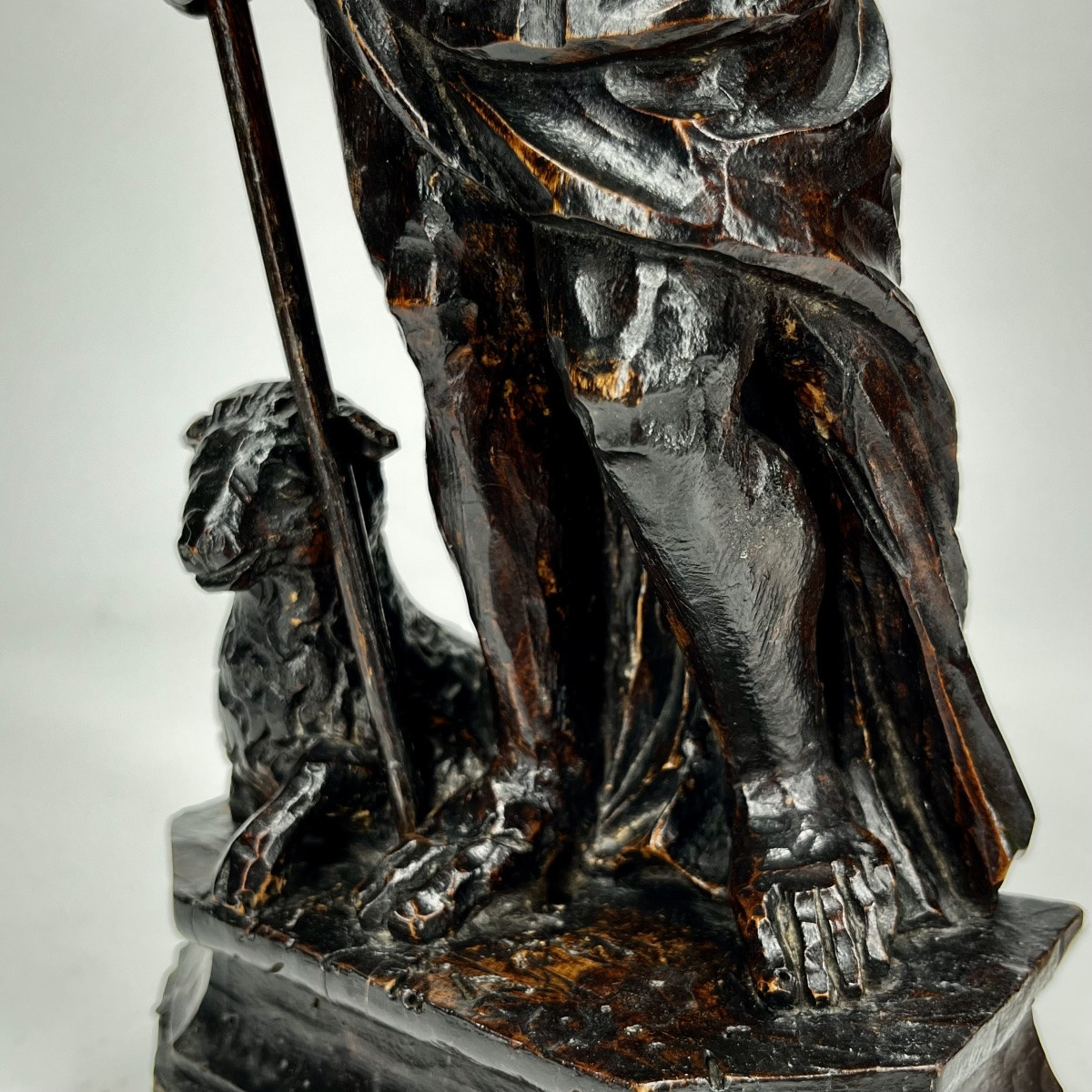 Saint John The Baptist And His Lamb – Blackened Wood Sculpture, 17th-18th Century-photo-3