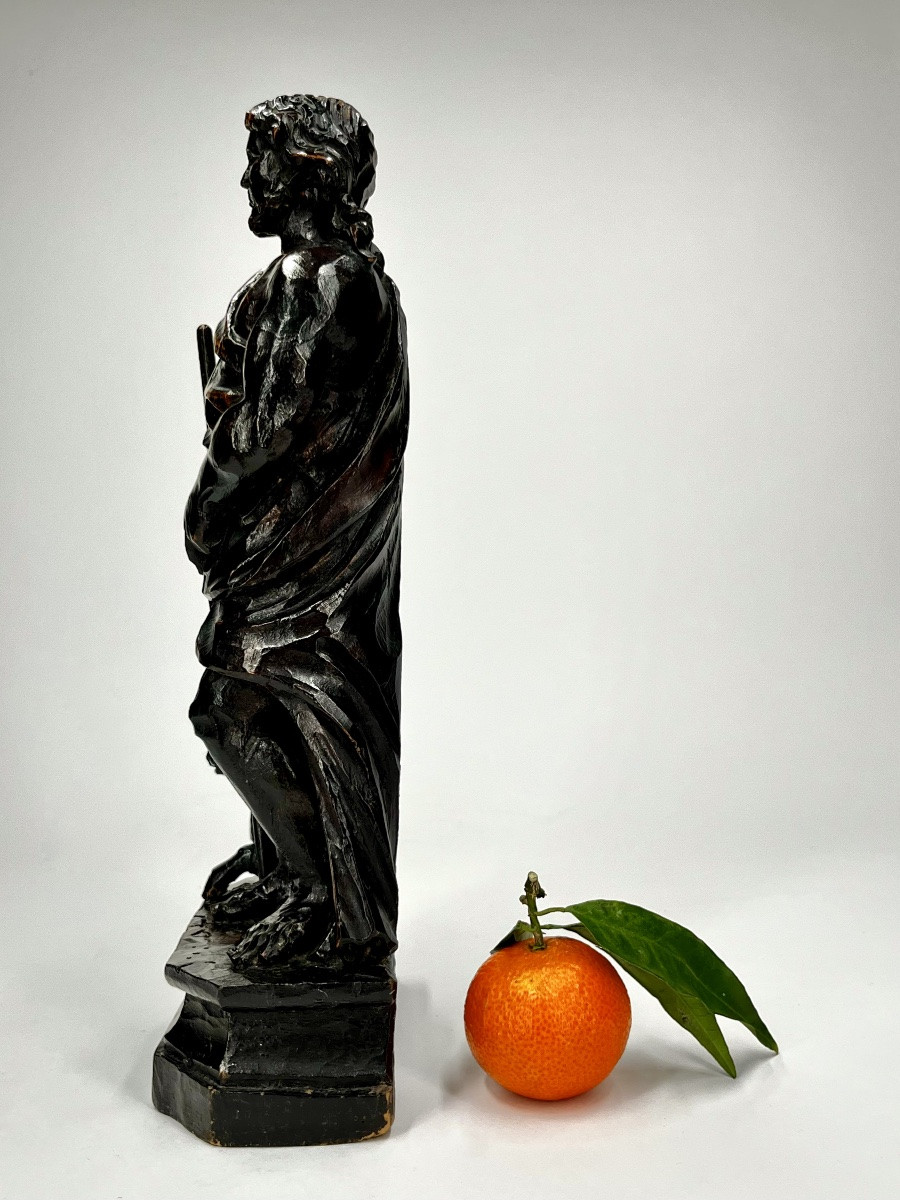Saint John The Baptist And His Lamb – Blackened Wood Sculpture, 17th-18th Century-photo-4