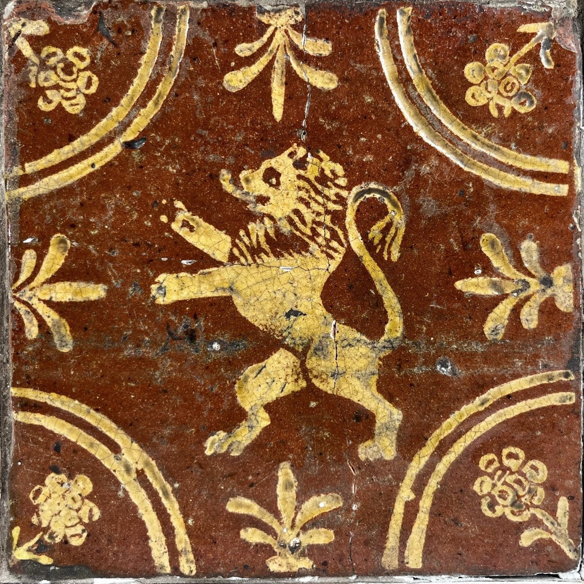 Four Glazed Earthenware Tiles With The Flemish Lion Motif - North, 18th Century-photo-1