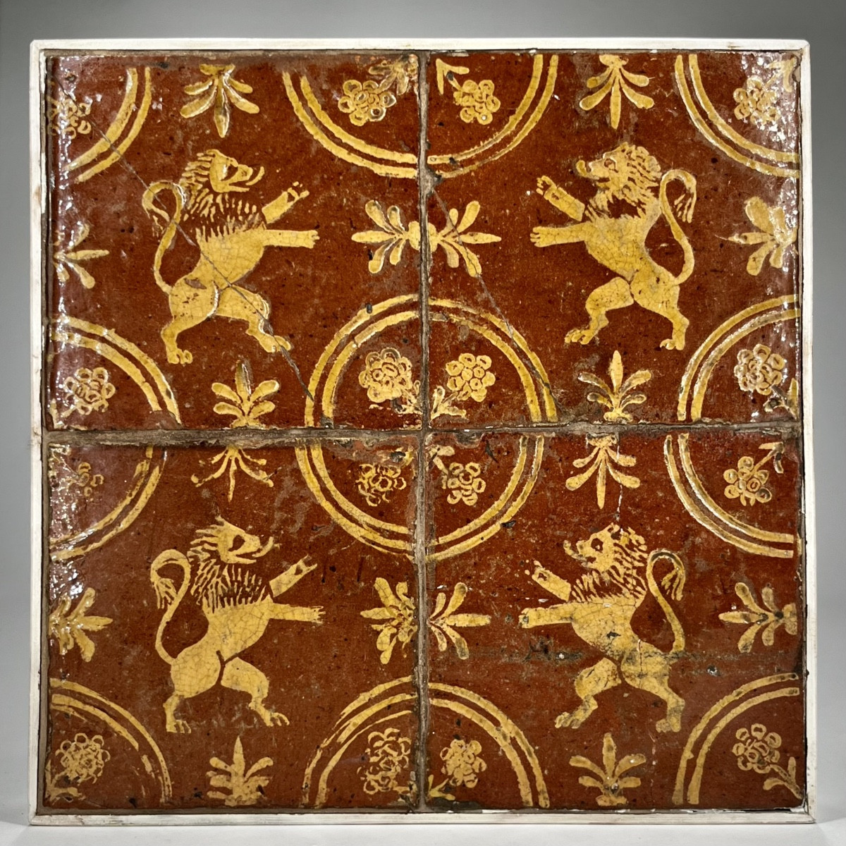 Four Glazed Earthenware Tiles With The Flemish Lion Motif - North, 18th Century