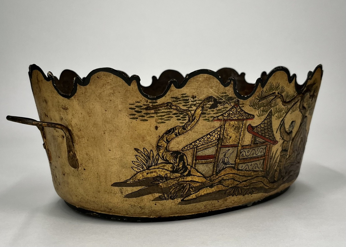 Rafraîchissoir à verres  en tôle peinte du XIXe siècle à décor aux Chinois verrière 19e -photo-2