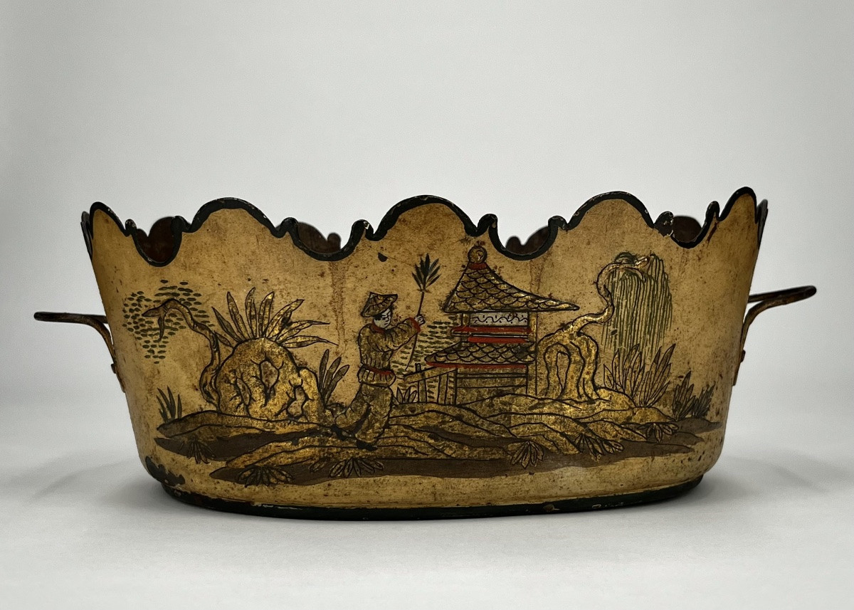 Rafraîchissoir à verres  en tôle peinte du XIXe siècle à décor aux Chinois verrière 19e -photo-3