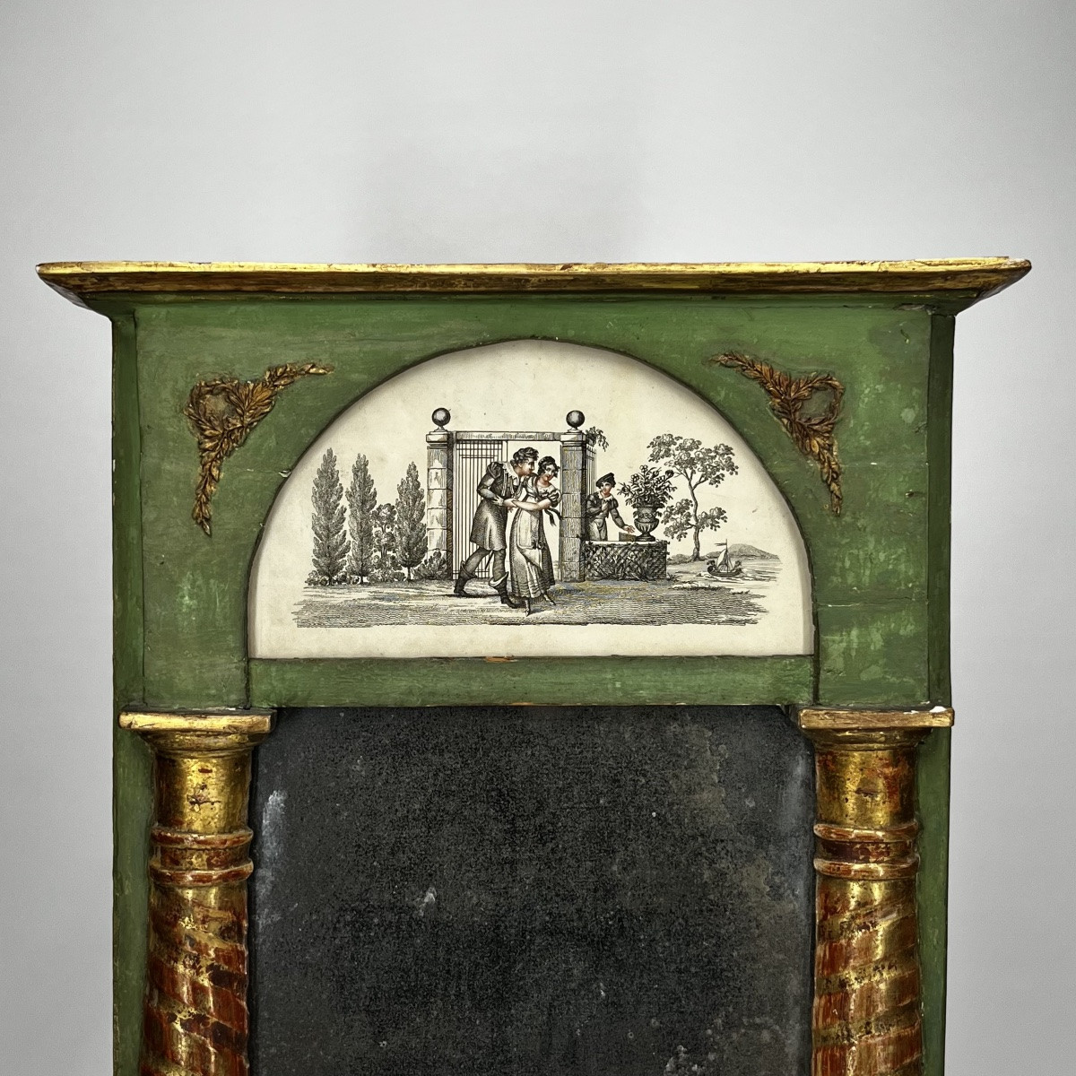 Petit trumeau - miroir en bois laqué vert et doré XIXe siècle 19e-photo-2