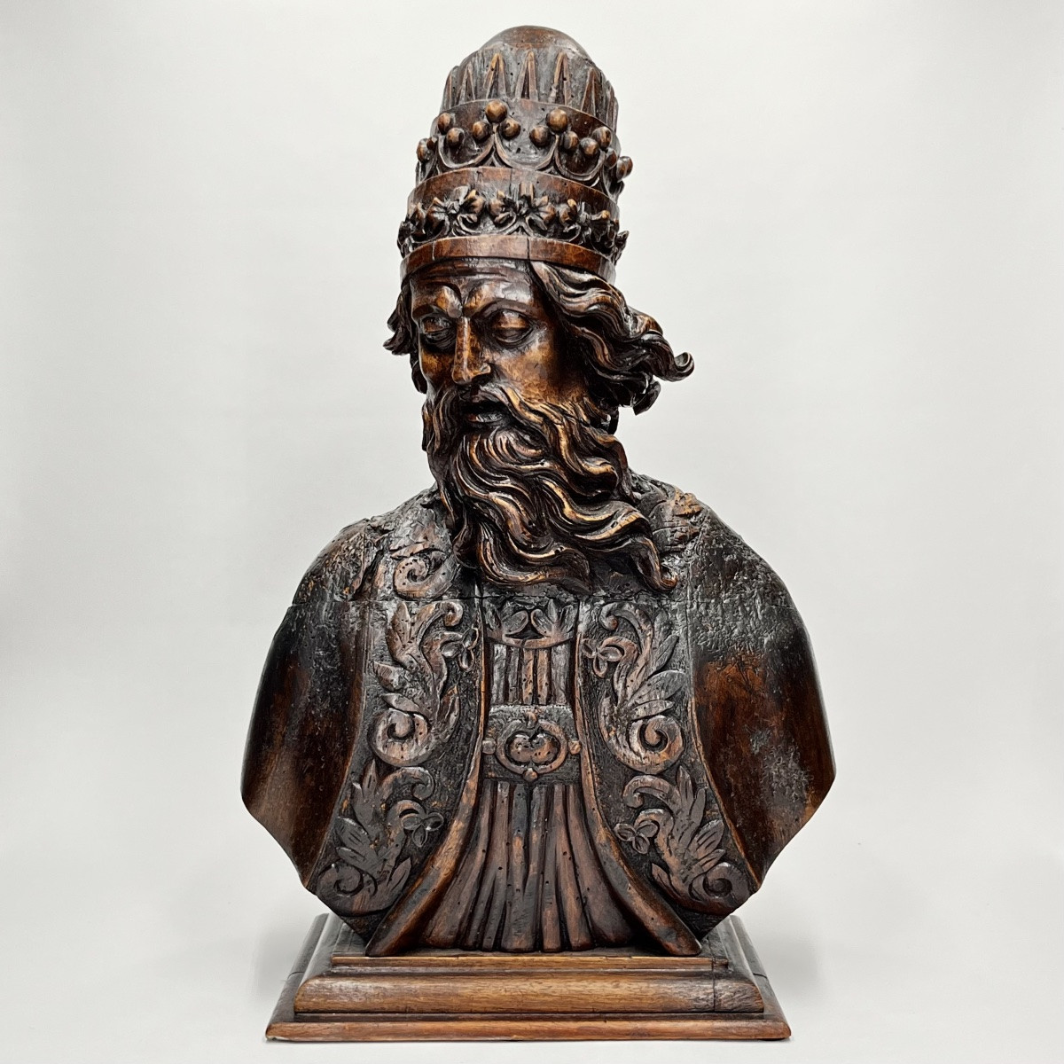 17th-century Carved Wooden Bust Of A Pope - High Period 17th-photo-3