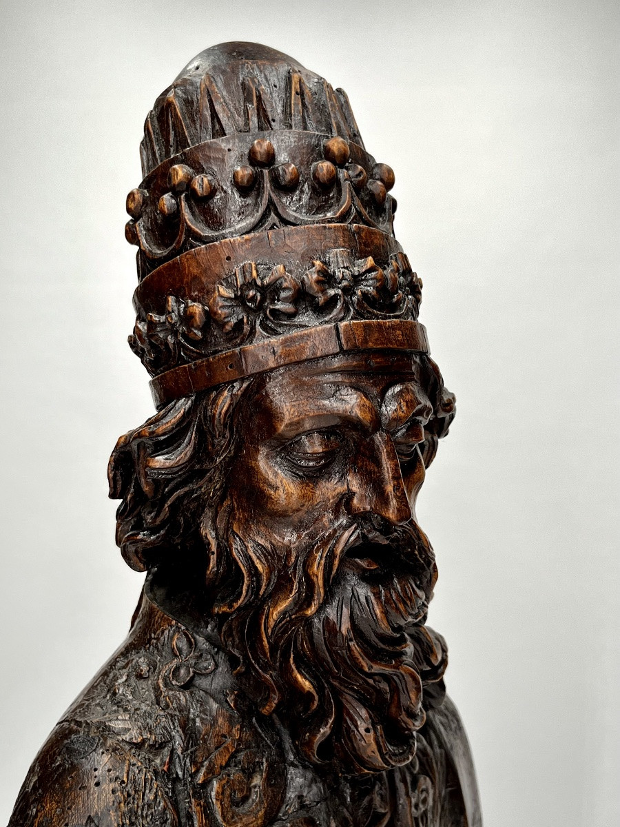 17th-century Carved Wooden Bust Of A Pope - High Period 17th-photo-4