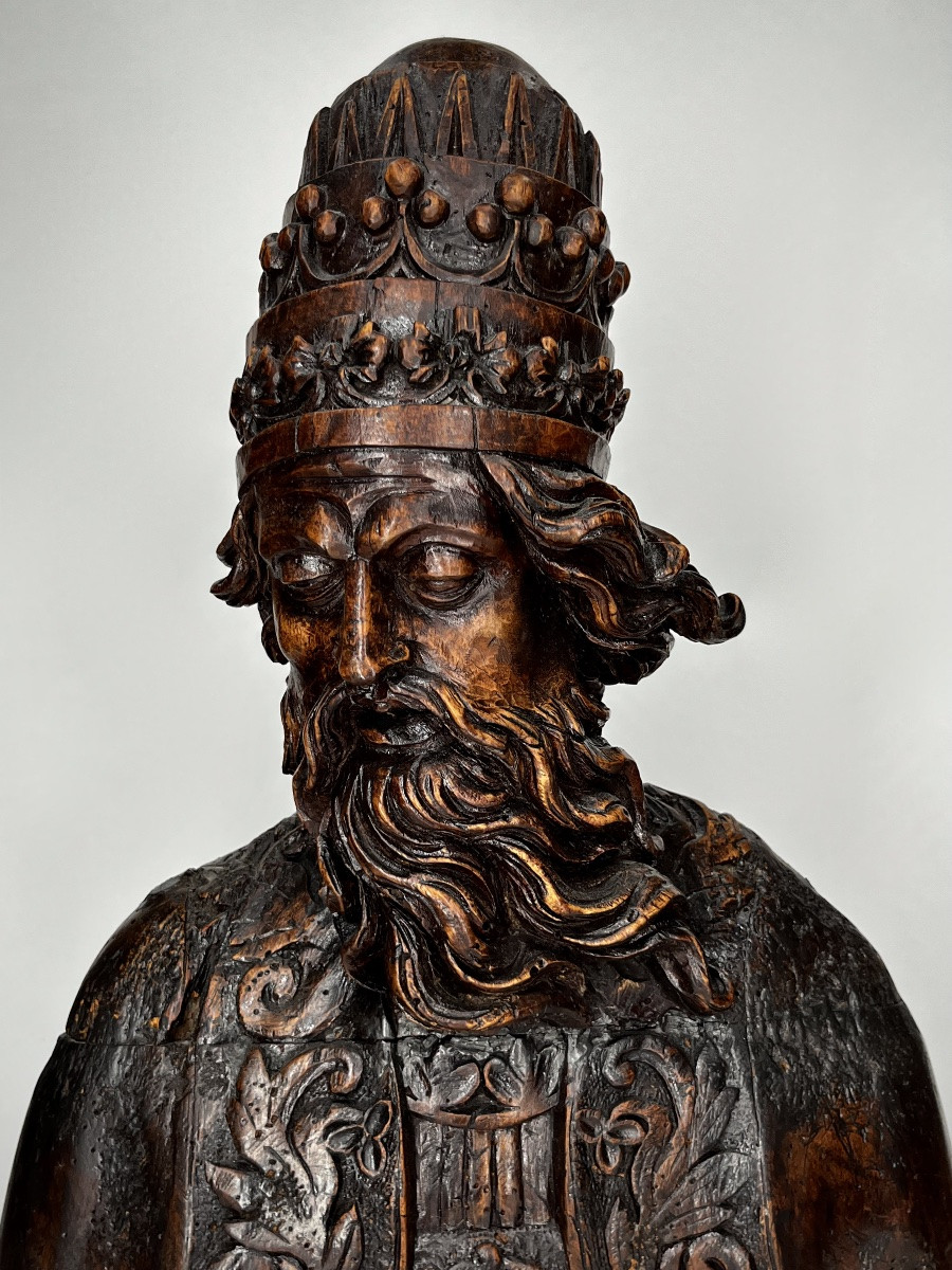 17th-century Carved Wooden Bust Of A Pope - High Period 17th-photo-1