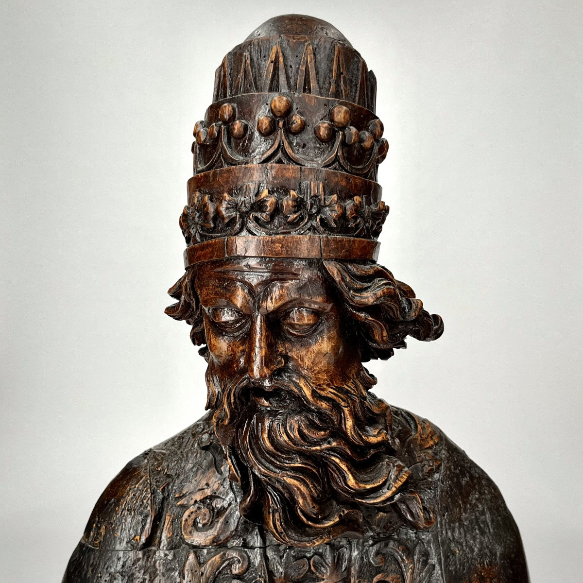 17th-century Carved Wooden Bust Of A Pope - High Period 17th-photo-5