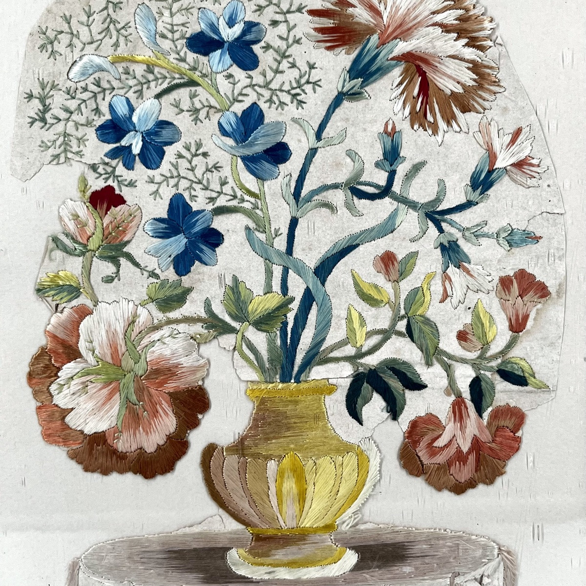 19th-century Multicolored Floral Embroidery In Satin Stitch, Antique Textile-photo-2