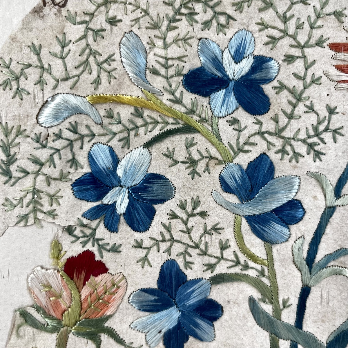 19th-century Multicolored Floral Embroidery In Satin Stitch, Antique Textile-photo-4
