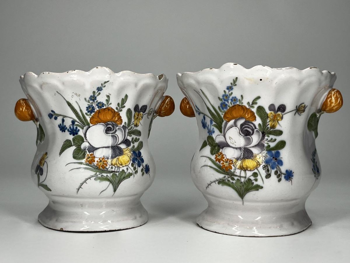 Paire de bouquetières en faïence de Varages XVIIIe siècle pique-fleurs 18e -photo-1