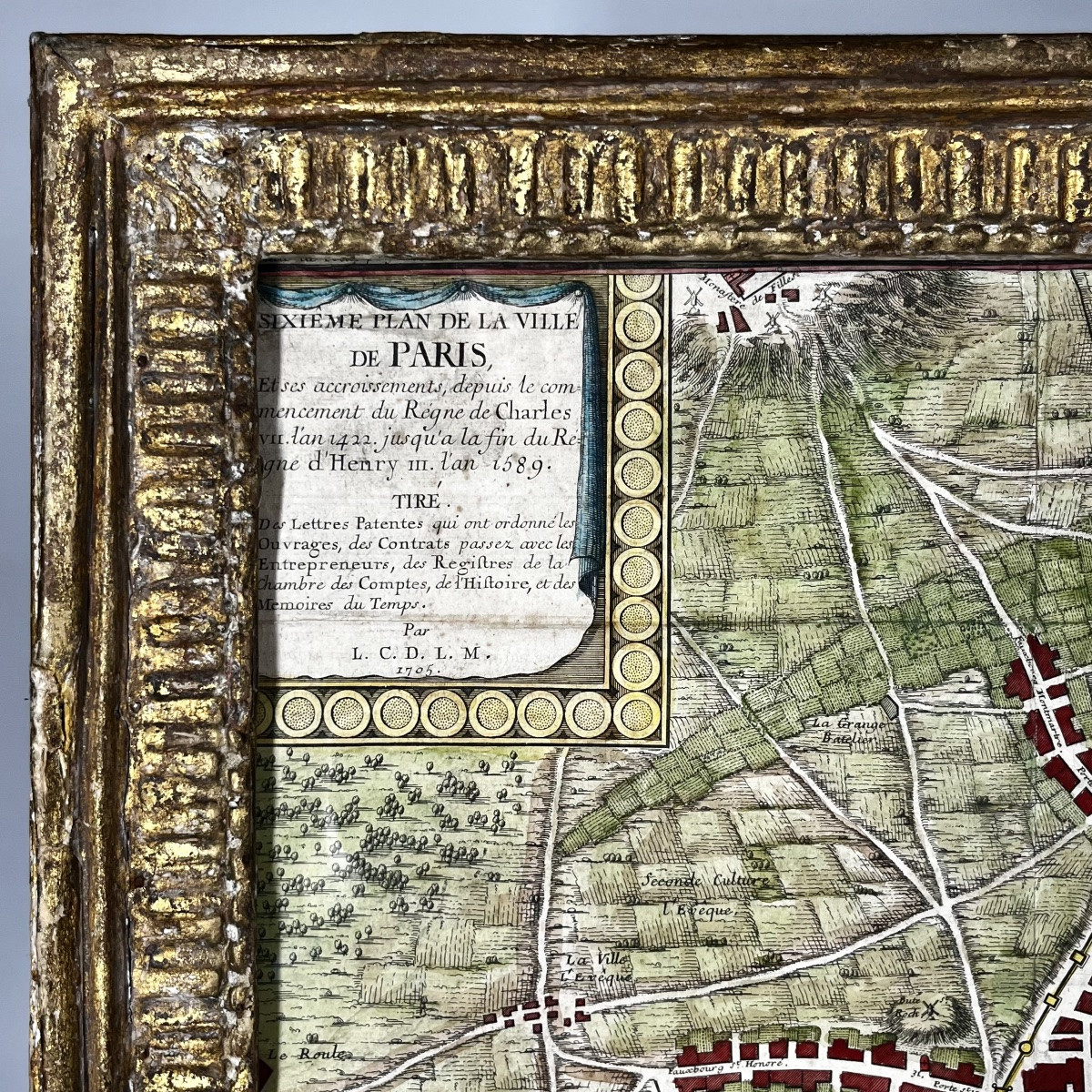 Grand plan de Paris en 1589 édité en 1705 dans un cadre en papier mâché - XVIIIe siècle 18e-photo-2