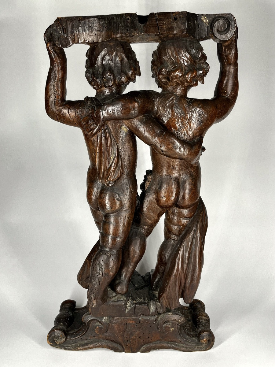Putti porteurs en bois sculpté, élément de décor ou mobilier, XVIIe - XVIIIe siècle 17e 18e-photo-4