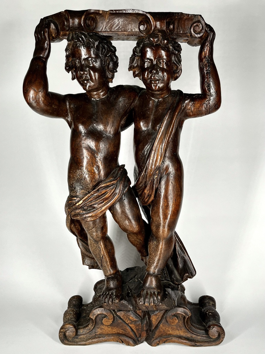 Putti porteurs en bois sculpté, élément de décor ou mobilier, XVIIe - XVIIIe siècle 17e 18e-photo-8