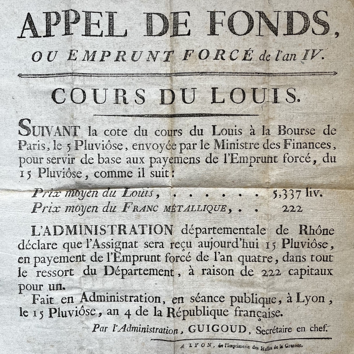 Appel De Fonds Ou Emprunt Forcé De l'An Iv, Cours Du Louis - Placard XVIIIe Siècle 1795 Rhône-photo-2