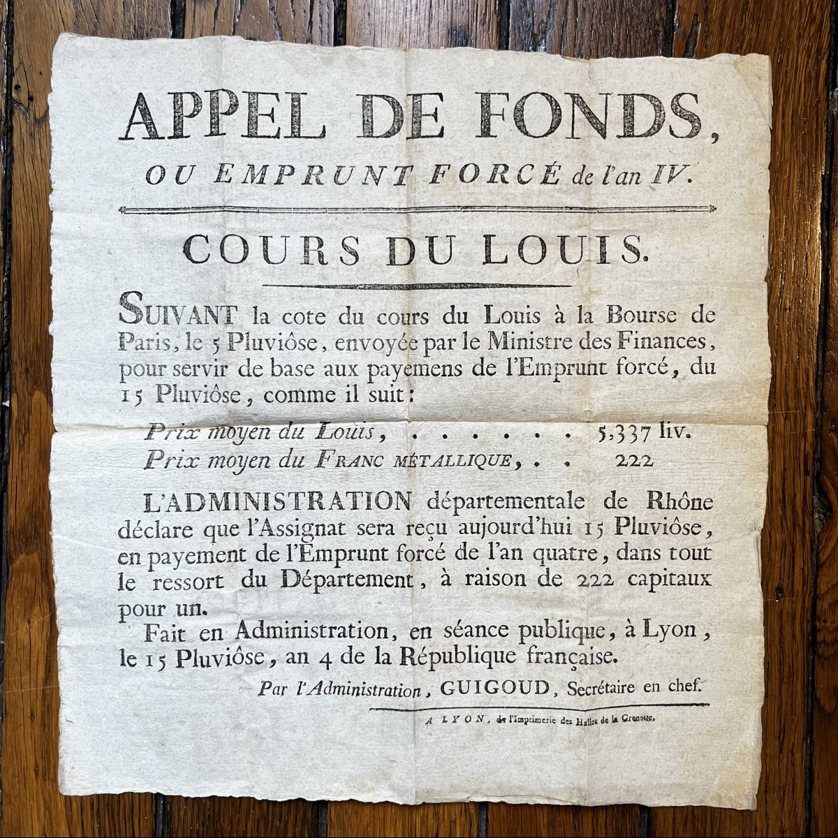 Appel De Fonds Ou Emprunt Forcé De l'An Iv, Cours Du Louis - Placard XVIIIe Siècle 1795 Rhône-photo-3