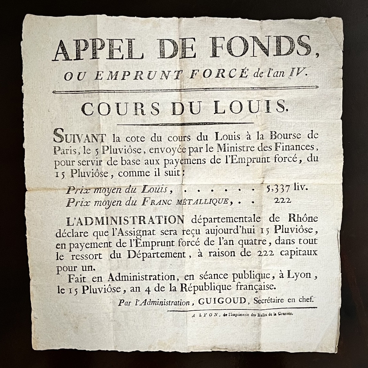 Appel De Fonds Ou Emprunt Forcé De l'An Iv, Cours Du Louis - Placard XVIIIe Siècle 1795 Rhône
