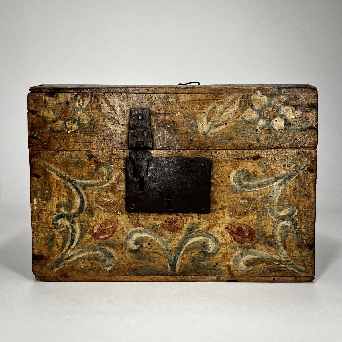 Small Norman Ochre Painted Wooden Wedding Trunk Folk Art 19th Century Painted Trunk 19th Century