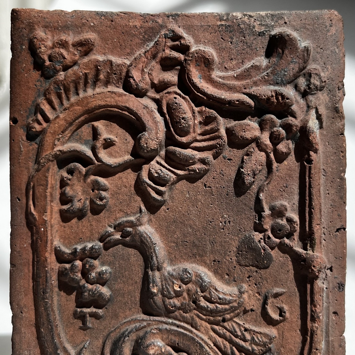 18th Century Terracotta Fireplace Brick With Bird Design - 18th Century Curiosity-photo-2