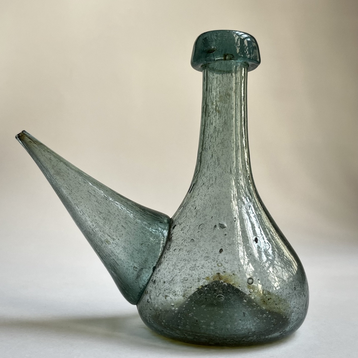 19th Century Green-tinted Blown Glass Porron - Southern France Or Spain