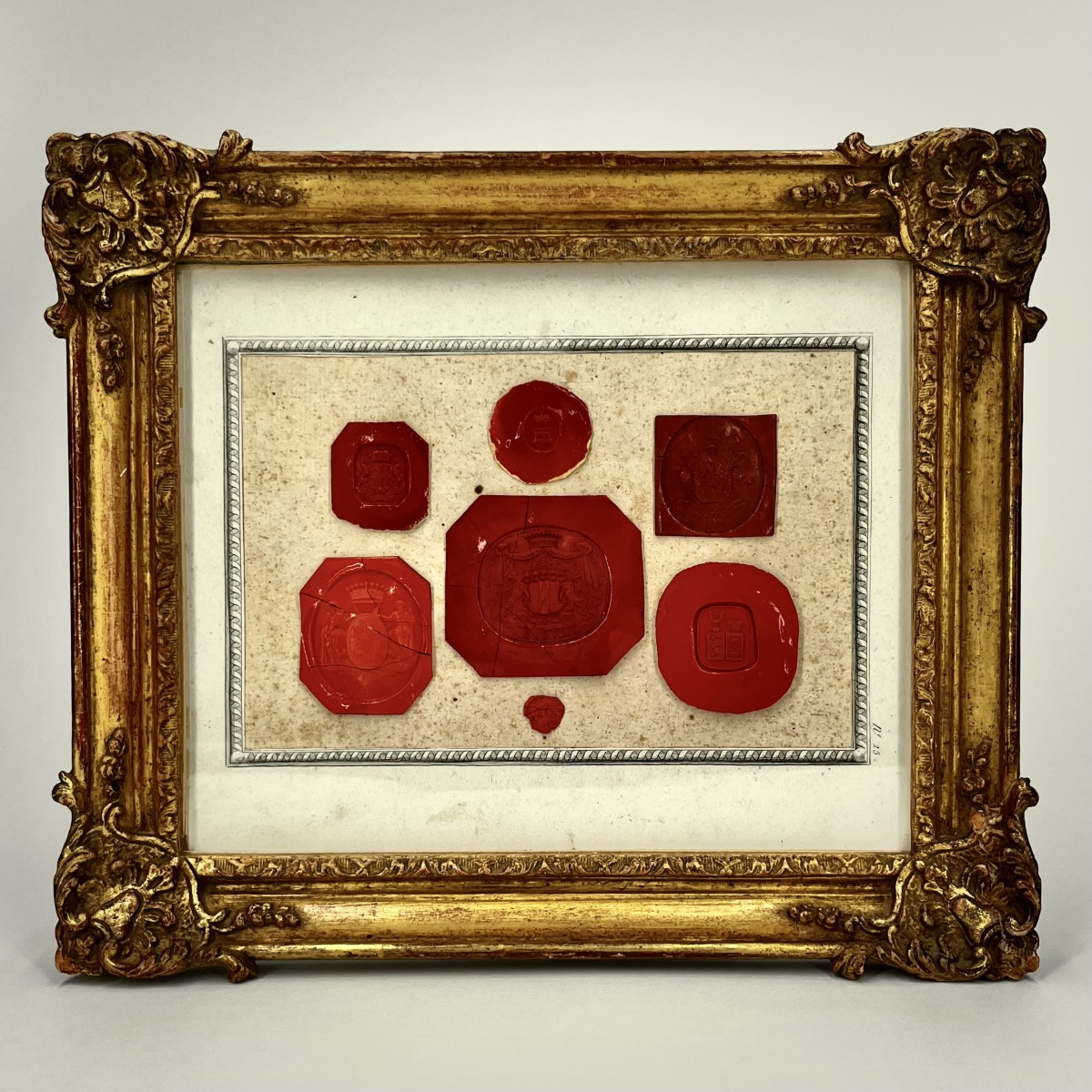 18th And 19th Century Wax Seals In An Antique Gilded Wood Frame 18th 19th Century