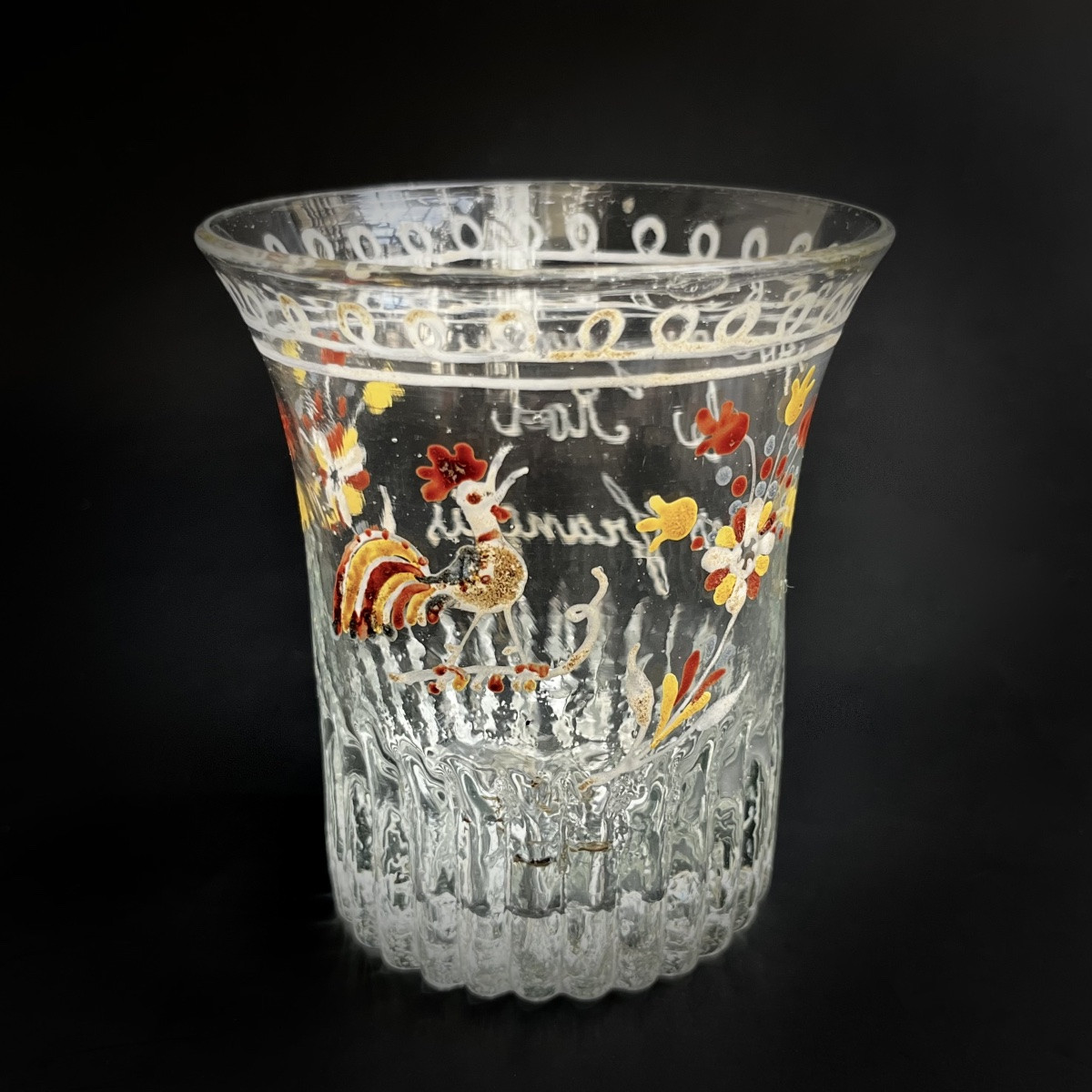 Gobelet normand royaliste  en verre soufflé à décor émaillé de coq début XIXe art populaire 19e-photo-2