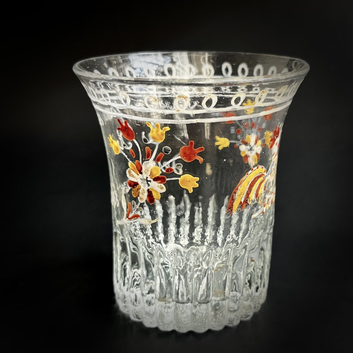 Gobelet normand royaliste  en verre soufflé à décor émaillé de coq début XIXe art populaire 19e-photo-2