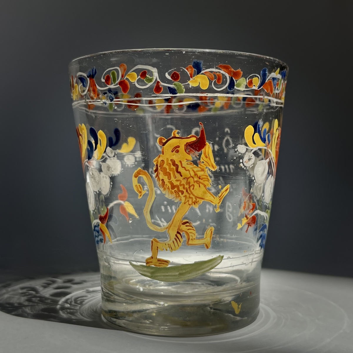 Enameled Glass Cup Decorated With A Heraldic Lion, Dated 1744, Flühli, Switzerland, 18th Century